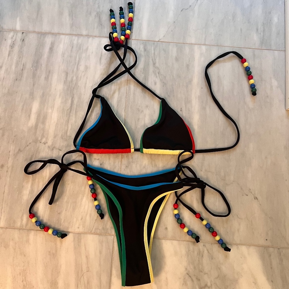 With Jean Black Bikini with Red Yellow Blue Green Trim